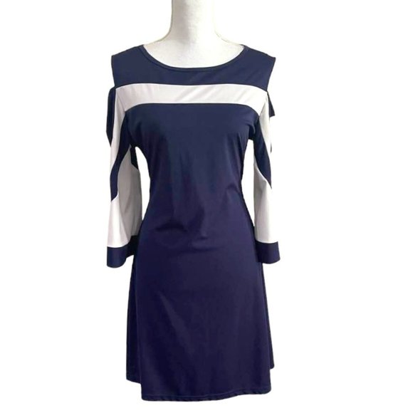 Cold Shoulder Navy Shift Dress with Long Bell Sleeves XL - Picture 1 of 13